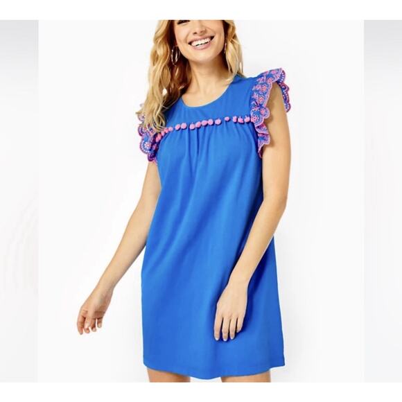 Lilly Pulitzer Dresses & Skirts - Lilly Pulitzer Ave Mini Shift Dress Women's Small Blue Pom Pom Flutter Resort